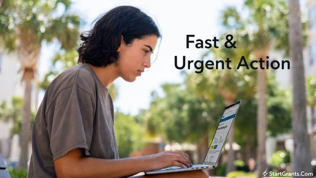 A Florida undergraduate student urgently filling out the FAFSA on a laptop to secure first-come, first-served state grant money.