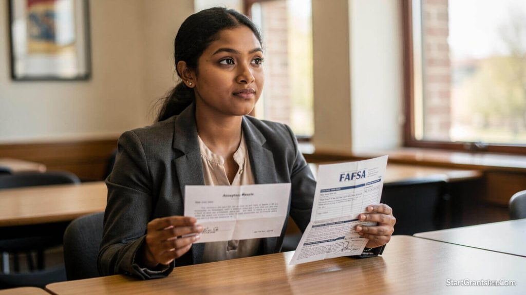 A determined first-generation college student from a disadvantaged background reviewing a financial aid award letter and federal grant documents.