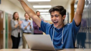 A high-achieving, low-income college student celebrating their acceptance into a full-ride private foundation scholarship program like QuestBridge.