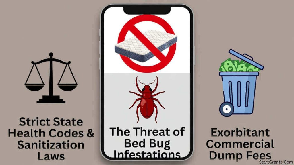 An infographic explaining why charities reject mattress donations, citing state health codes, bed bugs, and expensive landfill dump fees.