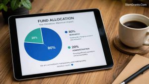 A tablet displaying a pie chart of non-profit financial fund allocation.
