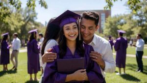 A diverse young female college graduate in purple regalia celebrating on campus lawn, representing debt-free education through grants.