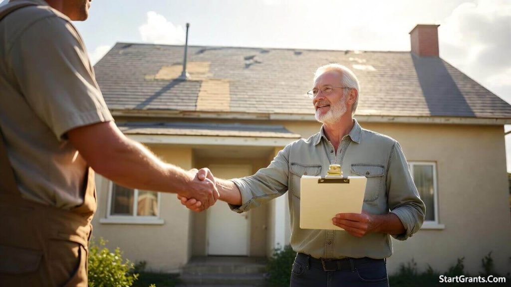 A homeowner shaking hands with a contractor after receiving home improvement grants.