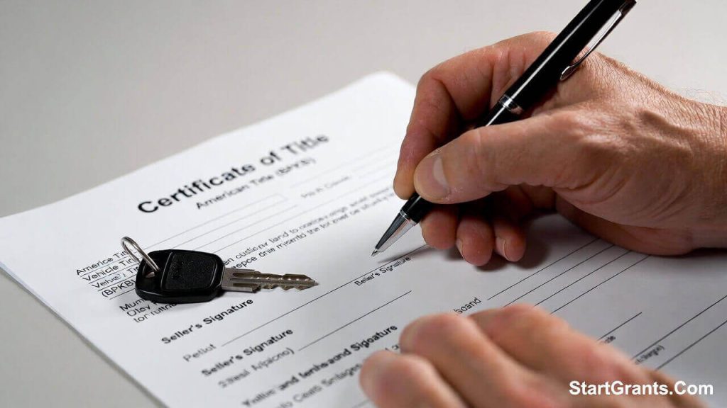 A close-up of a donor carefully signing the seller's section of a Certificate of Title before donating their car.