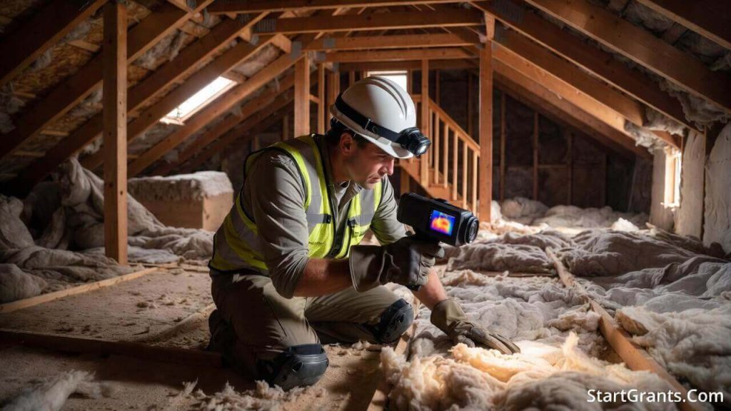 A technician installing insulation funded by the Weatherization Assistance Program grants.