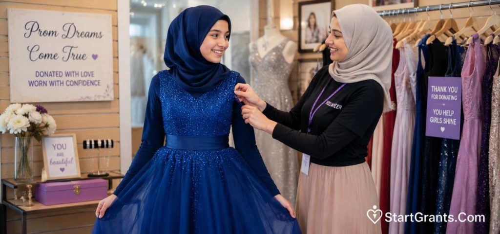 A teenage girl trying on a donated prom dress with the help of a charity volunteer.