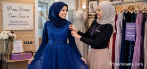 A teenage girl trying on a donated prom dress with the help of a charity volunteer.
