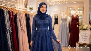A smiling Muslim teenager wearing a modest, long-sleeved formal gown and matching hijab.