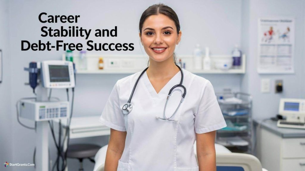 A newly certified medical assistant smiling in a hospital hallway, representing students who used hospital tuition reimbursement to pay for their online degree.