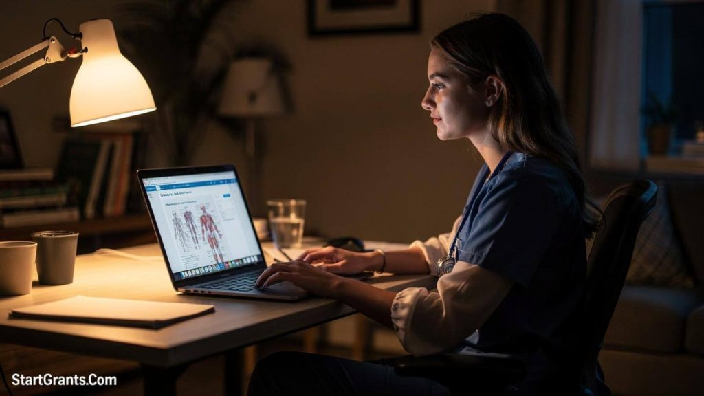 A dedicated student studying virtual anatomy on a laptop at home, representing online medical assistant programs funded by financial aid.