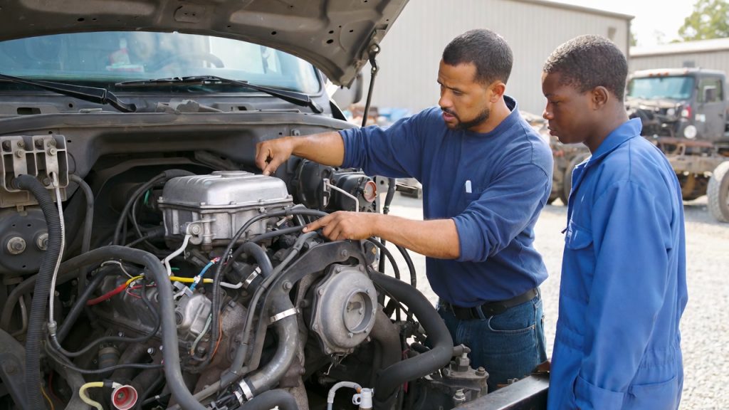 An instructor teaching a student how to inspect a semi-truck engine.