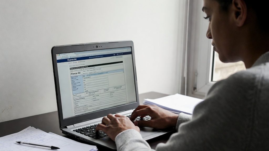 A student filling out financial aid paperwork on a laptop.