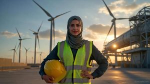 A confident Muslim female engineer wearing a hijab and safety vest at a modern renewable energy site