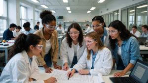 A diverse group of female engineering students working together on a blueprint in a STEM lab