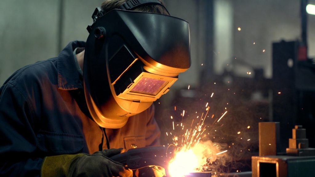 A focused welding student wearing a protective hood, representing a new career path for ex-offenders.
