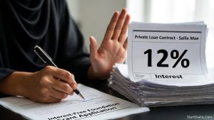 A close-up photograph of a Muslim student’s hands signing an interest-free grant application while pushing away interest-bearing private loan documents.