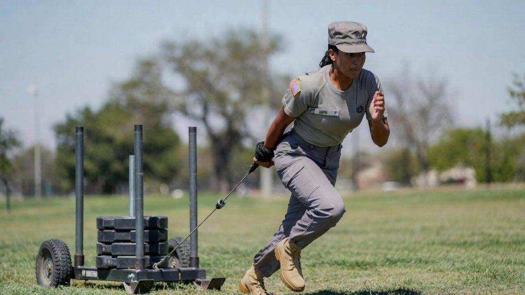 An Army ROTC scholarship applicant training for the Sprint-Drag-Carry event of the Army Combat Fitness Test (ACFT).