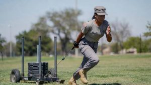 An Army ROTC scholarship applicant training for the Sprint-Drag-Carry event of the Army Combat Fitness Test (ACFT).