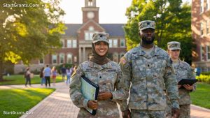 Diverse Army ROTC cadets, including a female cadet wearing a Hijab and a male cadet with a beard, walking on a college campus during golden hour.