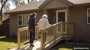 An adult daughter helping her mother use a new ramp funded by grants for elderly home improvement.