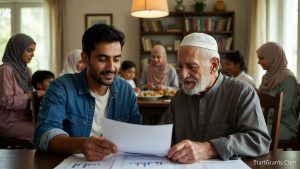 A Muslim family reviewing halal alternatives to a reverse mortgage for elderly home improvement.