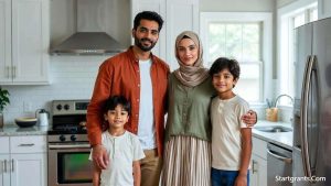 A Muslim family enjoying their modern home secured through Halal, Riba-free government grants.