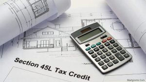 Architectural blueprints and a calculator representing the Section 45L tax credit for developers building Zero Energy Ready Homes.