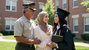 A proud veteran and his wife wearing a Hijab standing on a college campus with their daughter, who is utilizing military dependent scholarships.