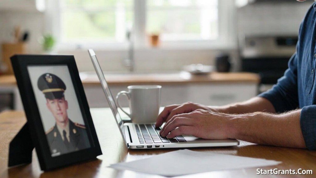 A military spouse applying for branch-specific relief society scholarships on a laptop.