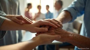 A close-up photograph of one person's hand comforting another person's hand, representing support during grief and financial hardship.