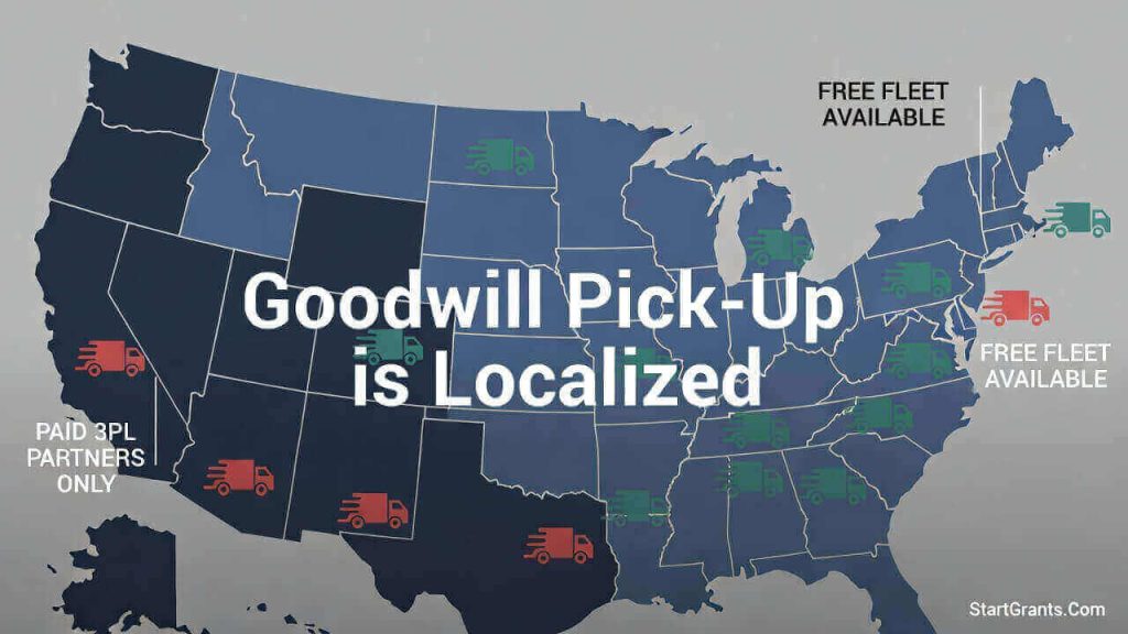 An infographic map showing Goodwill donation pickup availability varies by zip code due to decentralized regional operations.