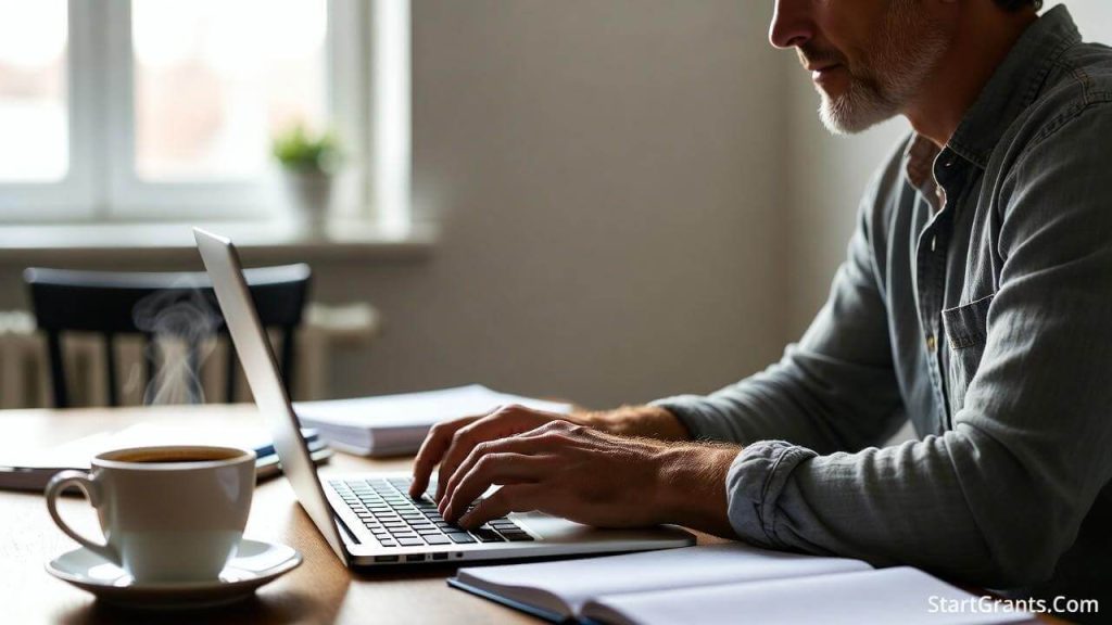A focused adult learner studying on a laptop at a kitchen table while balancing work and family, utilizing grants for returning to school.