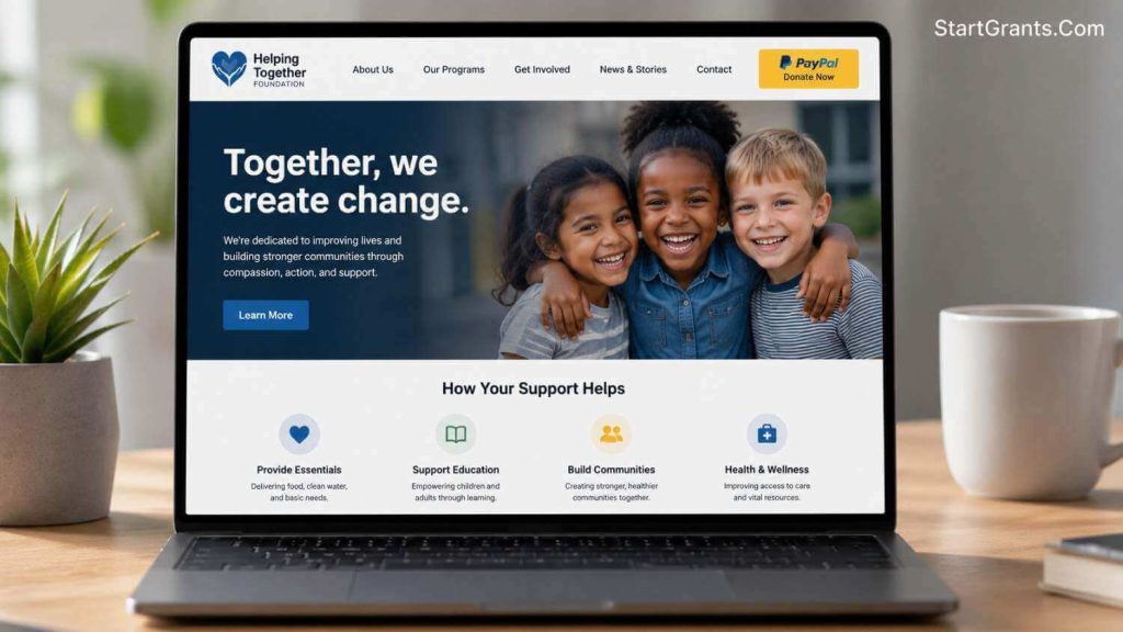 A fundraising website displaying a clear PayPal donation button on a laptop screen.