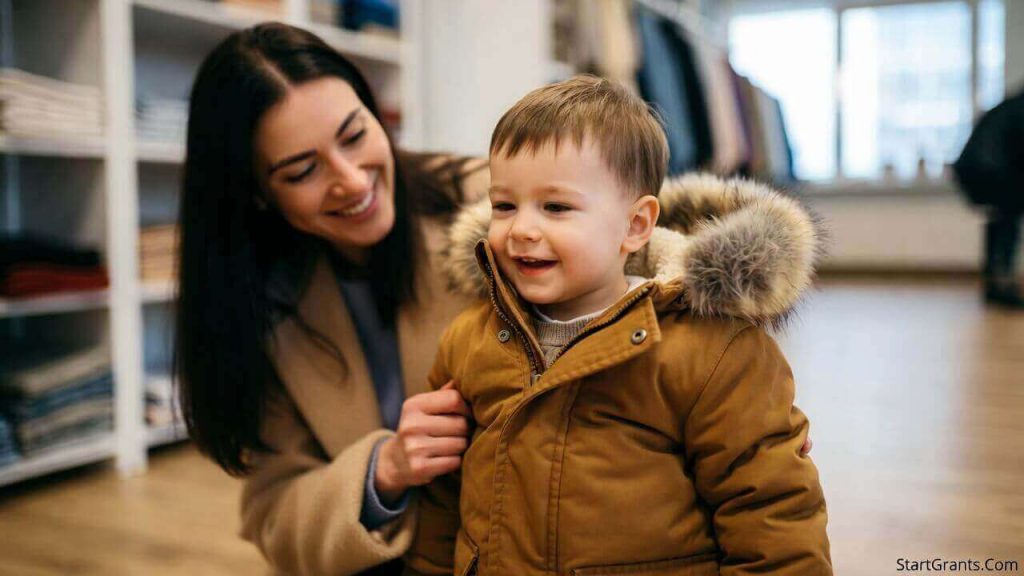A mother smiling while putting a new winter coat on her child, obtained through a local clothing assistance program.
