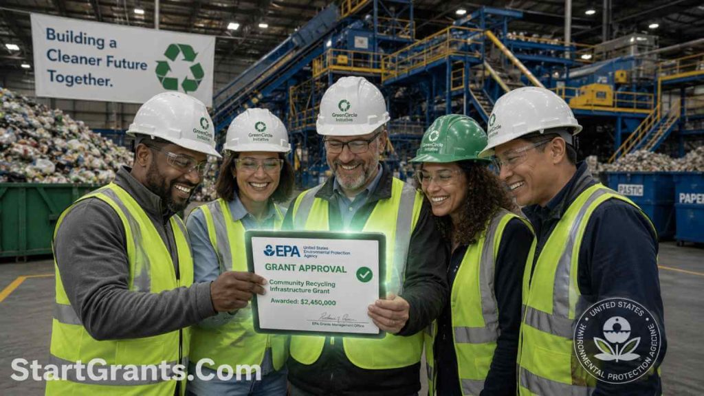 Nonprofit directors reviewing an EPA grant approval for a modern recycling infrastructure facility.
