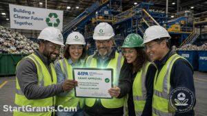 Nonprofit directors reviewing an EPA grant approval for a modern recycling infrastructure facility.