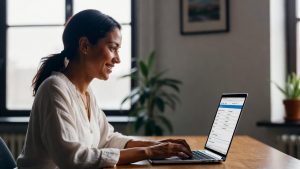 Smiling minority woman entrepreneur working on laptop applying for small business grants