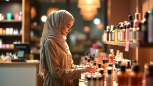 Muslim woman business owner wearing hijab arranging products in her retail store