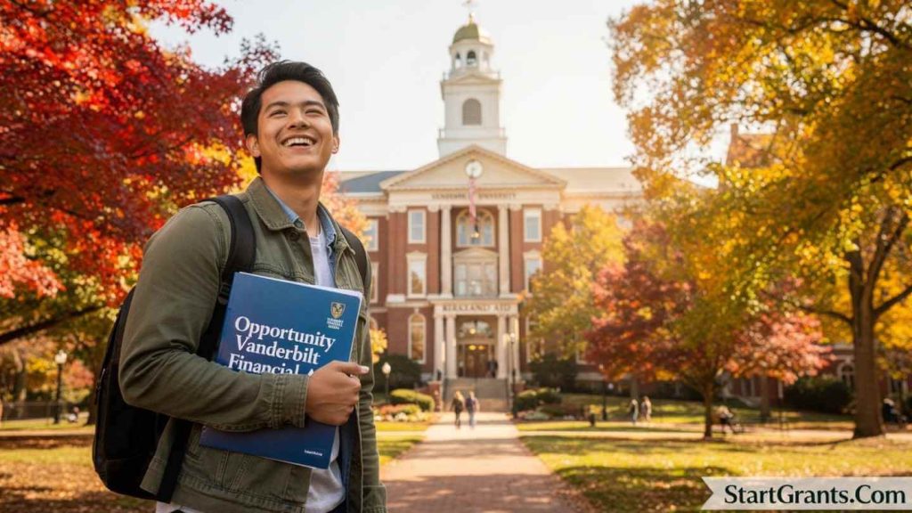 A student displays an Opportunity Vanderbilt award letter, free of student loans.