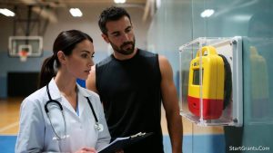 A high school physical education teacher and school nurse reviewing a newly installed Automated External Defibrillator (AED) funded by a public safety grant.