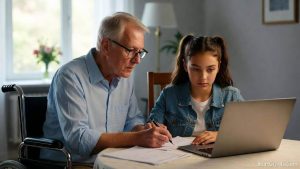 A college student helping their disabled parent in a wheelchair while reviewing financial aid documents and university grant applications.