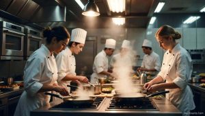Culinary students in chef coats cooking in a professional training kitchen