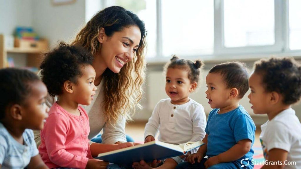 A smiling early childhood educator reading a book to toddlers in a bright classroom