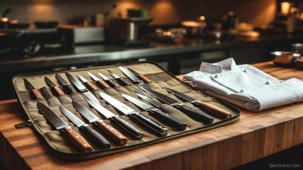 A professional knife roll filled with high-end chef knives on a wooden butcher block