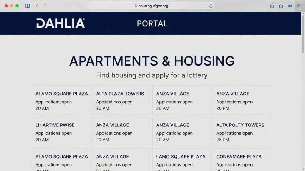 Screenshot of the DAHLIA San Francisco Housing Portal showing active affordable apartment lotteries