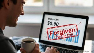 A relieved college graduate looking at a zero balance on their student loan servicer account after receiving government loan forgiveness.