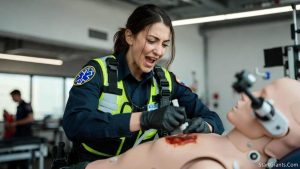 A paramedic student in high-visibility EMS gear practicing life-saving intubation techniques in a clinical training lab.