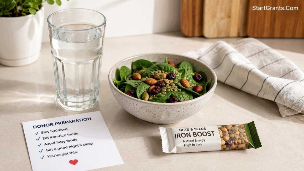 Iron-rich foods and a glass of water used for blood donation preparation.