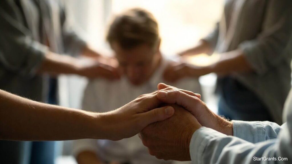 A comforting photograph showing a compassionate charity volunteer offering a document of emergency hardship support to a grieving woman, representing help during bereavement.