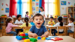 A diverse toddler smiling while playing with educational building blocks at a high-quality Head Start childcare center.